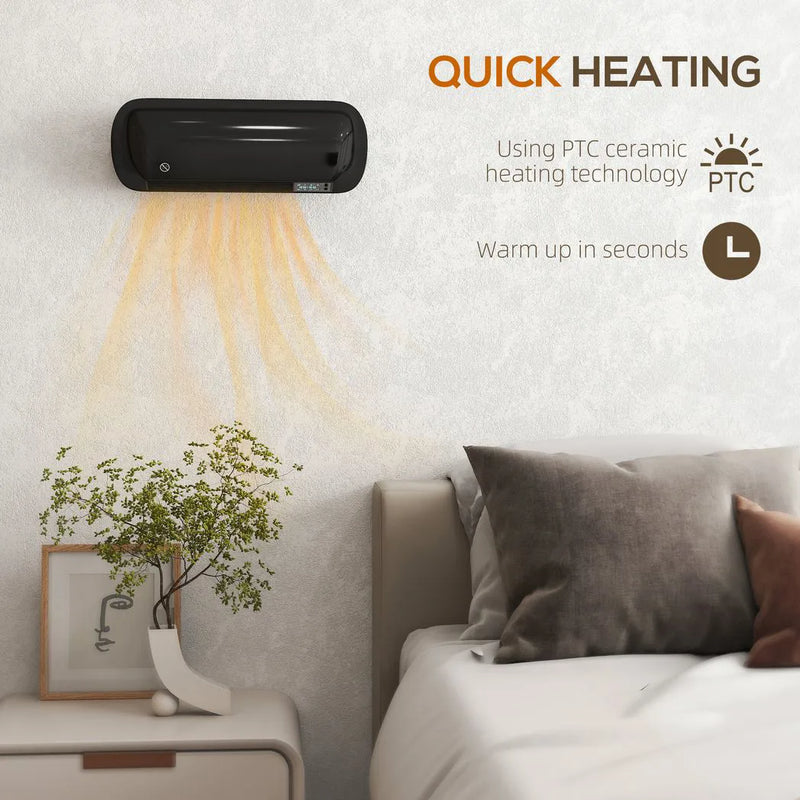 HOMCOM 2000W Ceramic Electric Heater with Fan, Adjustable Thermostat, Wall Mounted - Black