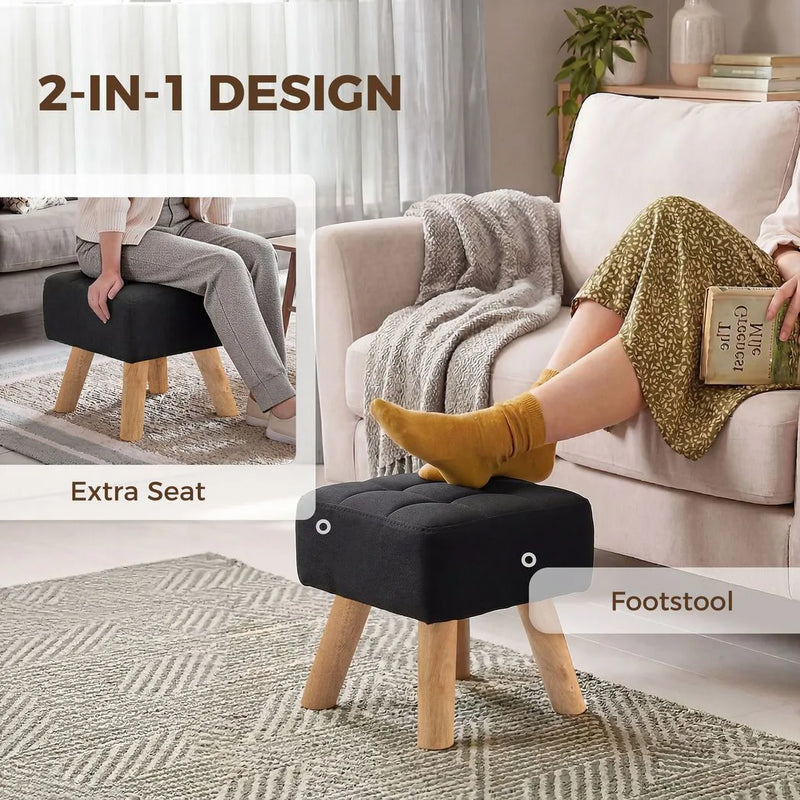 HOMCOM Linen-Look Square Padded Footstool - Black