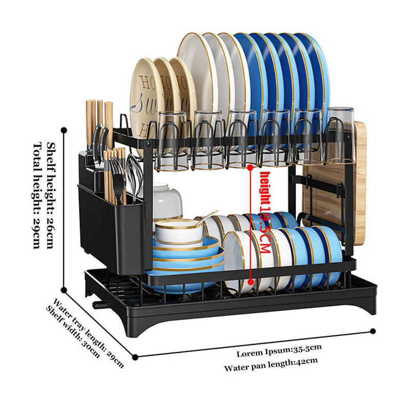 NEW 2TIER KITCHEN SINK DISH DRAINER RACK WITH DRIP TRAY CUTLERY HOLDER PLATE RACK UK