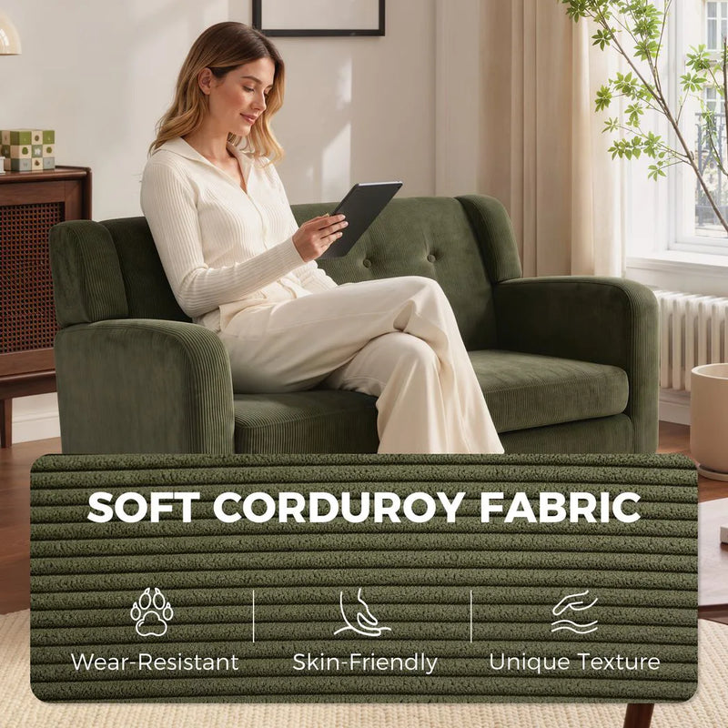 HOMCOM 2 Seater Sofa, 118 cm Corduroy Small Loveseat with Spring Cushion, Wood Legs for Small Space, Living Room, Dark Green