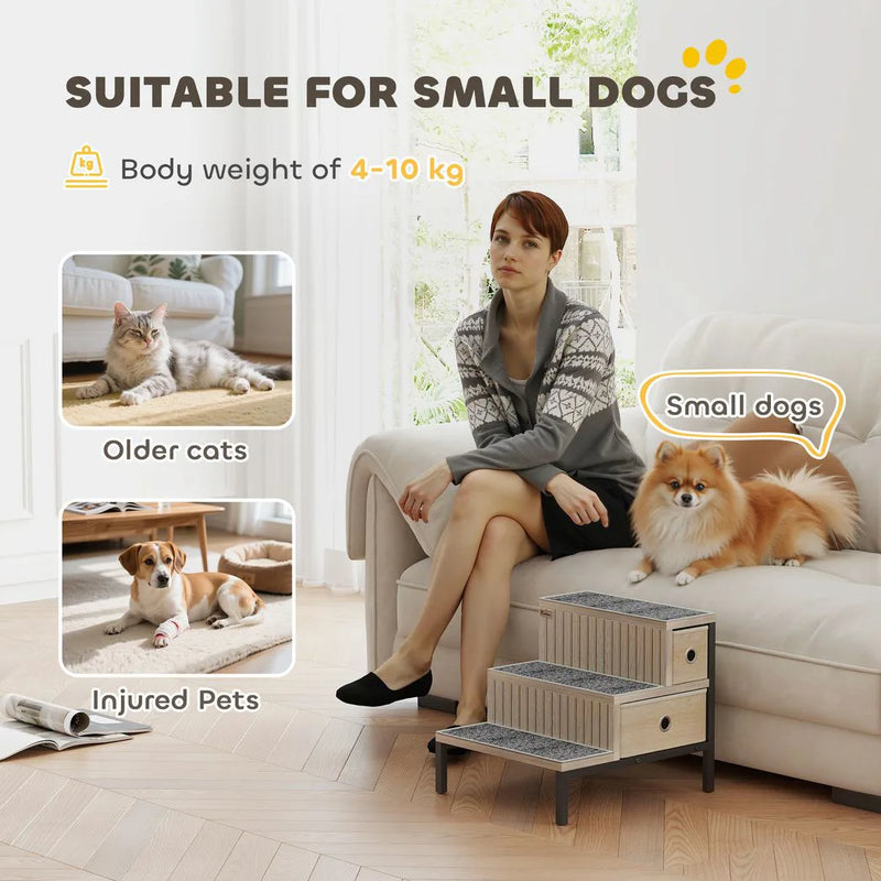 PawHut Dog Stairs with Storage, Non-Slip Cover, Pet Steps for Small Dogs & Older Cats, for Sofa, High Bed, Oak Tone