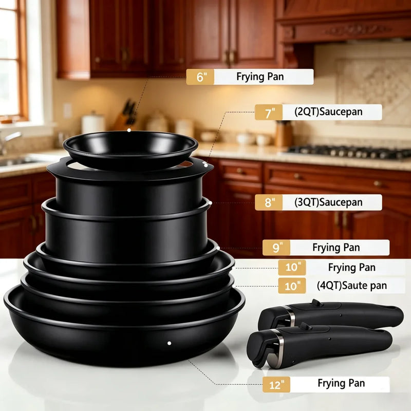 23-piece aluminum cookware set (7 pots, 2 lids, detachable handles)
