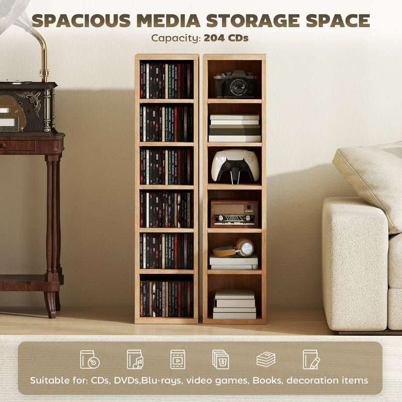 HOMCOM Set of 2 CD Media Display Shelf Unit Tower Rack with Adjustable Shelves, Natural