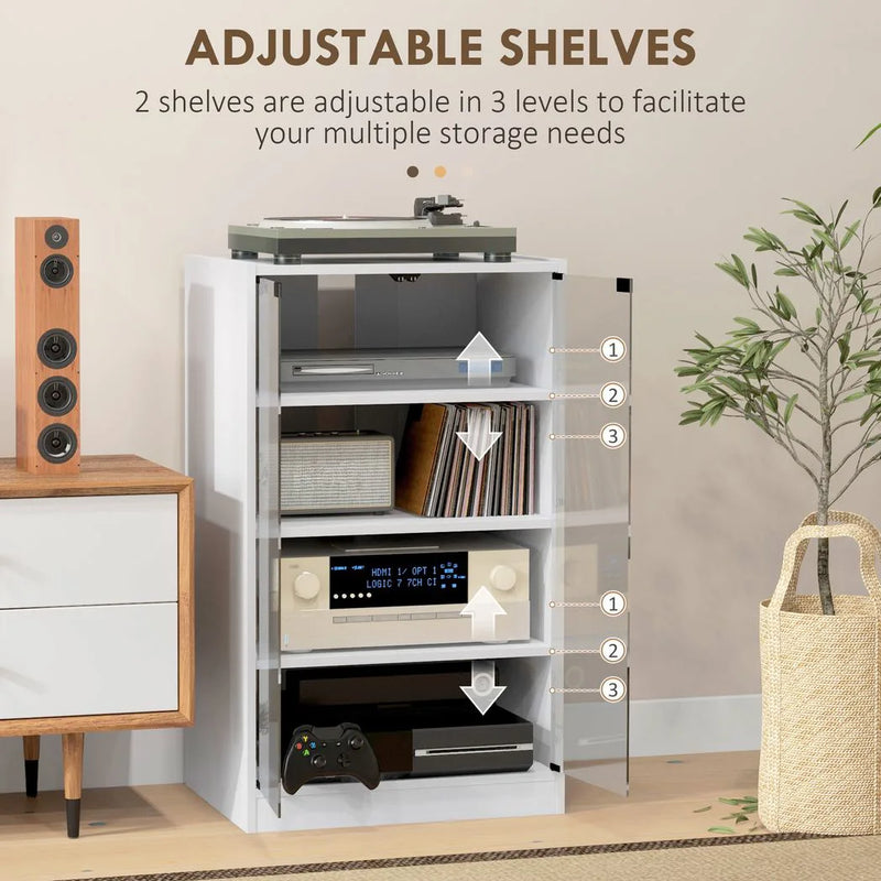HOMCOM 4-Tier Hi-Fi Stand,  Record Player Stand with Adjustable Shelves and Push-to-Open Glass Doors, White Wood-Effect