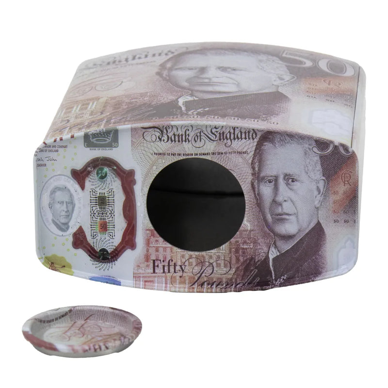King Charles Pound Note Reusable Coin Money Tin Bo x Padlock Shape With Handle Assorted Designs Mth (Parcel Rate)