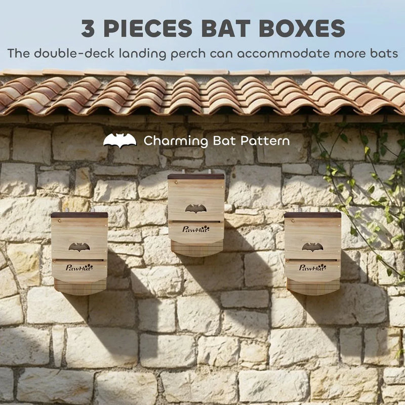 PawHut Bat Boxes, Pack of 3 Wooden Bat Houses for Outdoor, Garden, Farm, Easy to Hang, 23 x 9.5 x 36.5 cm, Natural