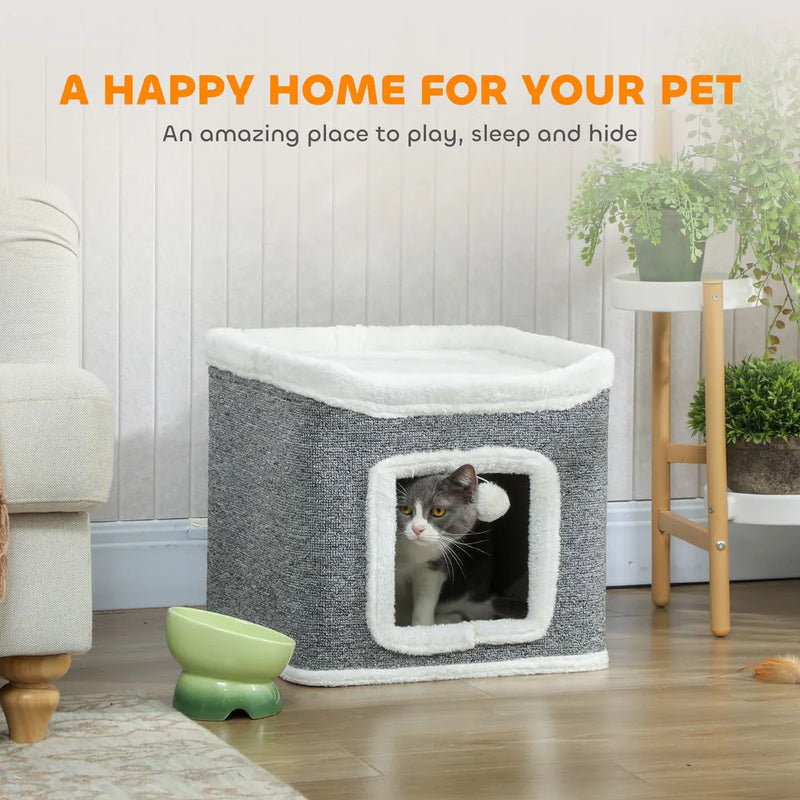 PawHut Cat House for Indoor Kittens, 2-Level Cat Cave Bed with Fluffy Balls, Top Bed, Kitten Barrel for Multi Kitties, Grey