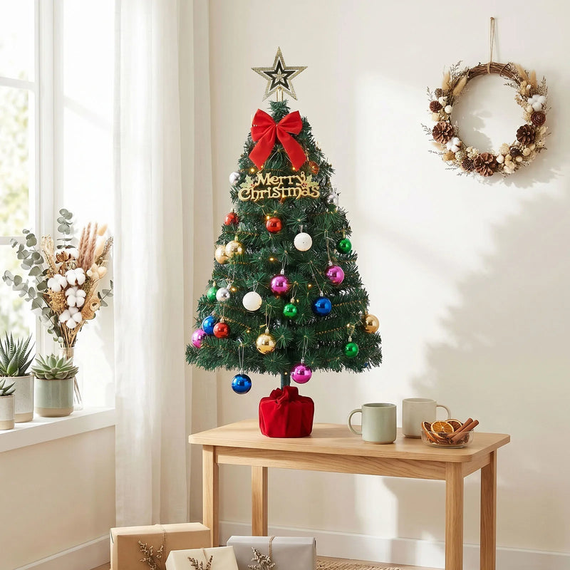 3FT Pre-Lit Artificial Christmas Tree, Green PVC Mini Xmas Tree with 50 Warm White LED Lights (8 Modes), 120 Branch Tips, Tree Topper Star, Bow & Letter Sign Decorations, Red Cloth Wrapped Base, Battery Operated