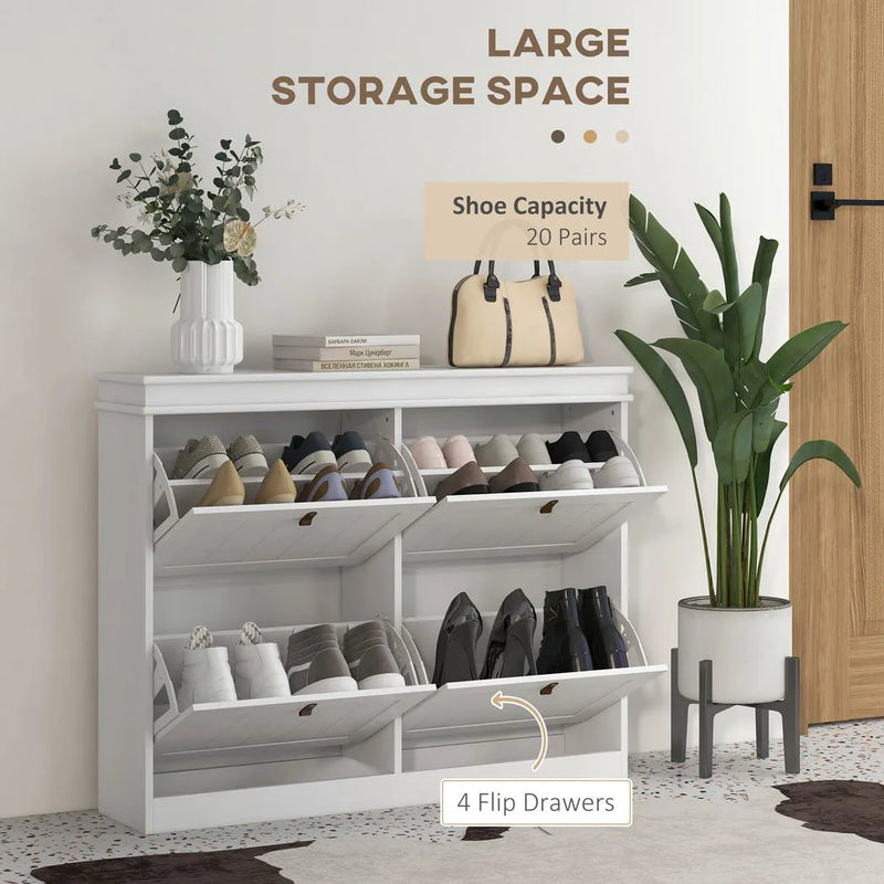 HOMCOM Slim Shoe Cabinet, Shoe Cabinet with 4 Drop-Down Drawers, 105W x 24D x 82.5H cm,  White