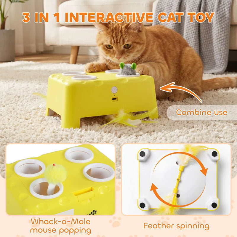 PawHut 3 in 1 Interactive Cat Toys with Mouse & Feather Teaser Toy Rechargeable Automatic for Indoor Kittens & Adult Cats