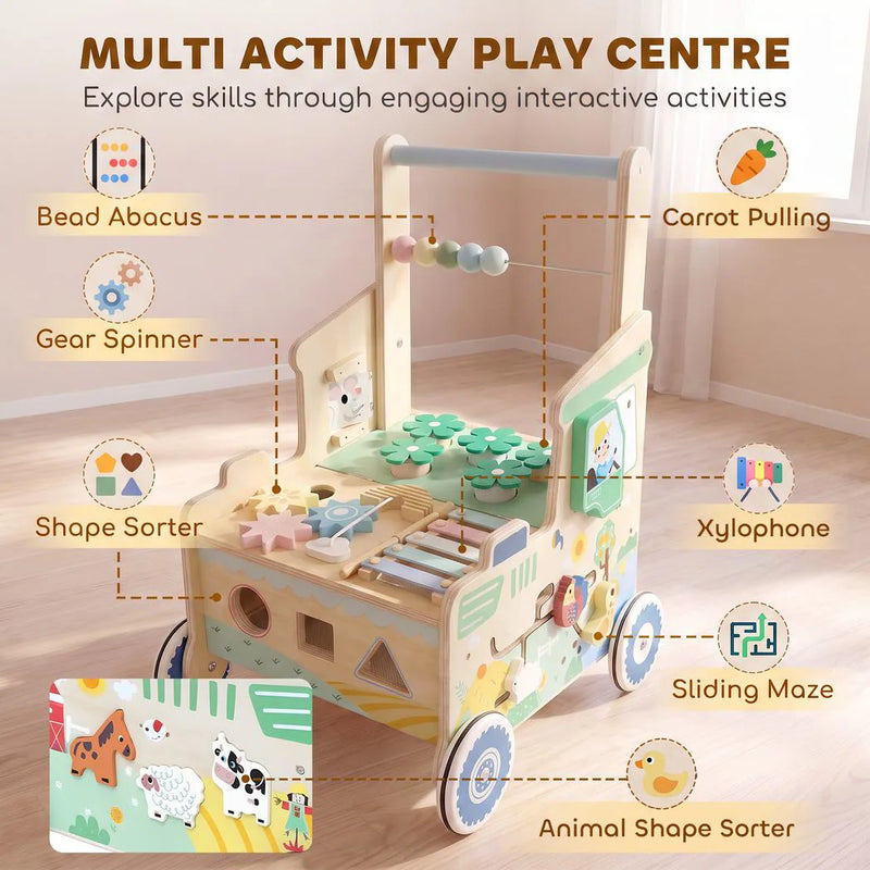 AIYAPLAY Wooden Baby Walker for 1-3 Year, Montessori Inspired Push Along Walker Toys, Multifunctional Activity Centre