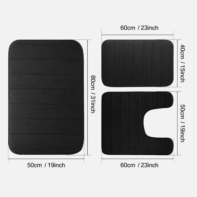 MEMORY FOAM BATH MAT PEDESTAL SET NON SLIP TOILET BATHROOM CONTOUR RUGS 3 PIECE-Black
