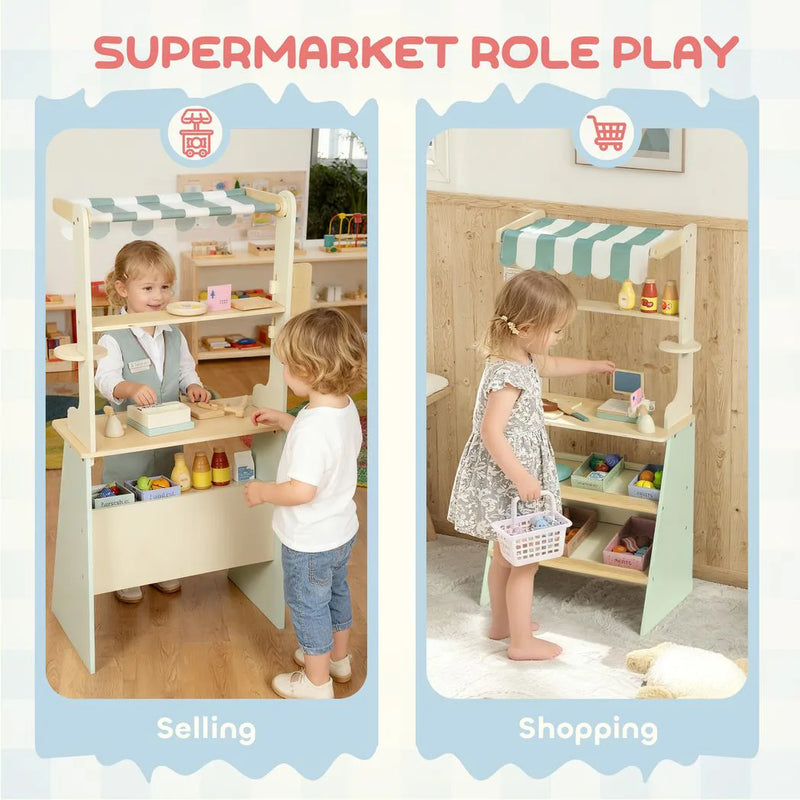 AIYAPLAY Wooden Toy Shop, Wooden Market Stall with Cash Register, Blackboard and Toy Food, 4 Storage Boxes, Ages 3, Green