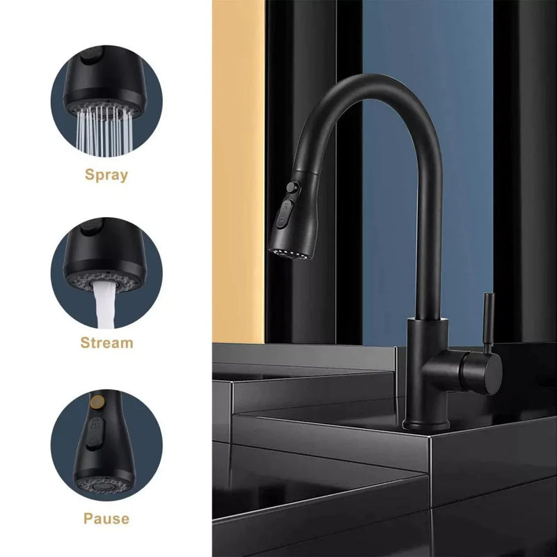 360° Kitchen Sink Mixer Taps Pull Out Spout Spray Single Lever Modern Mono Tap-black