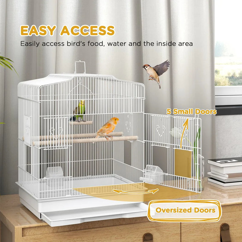 PawHut Large Metal Bird Cage with Perches, Food Bowls, Swing, for Budgies, Parakeets, White