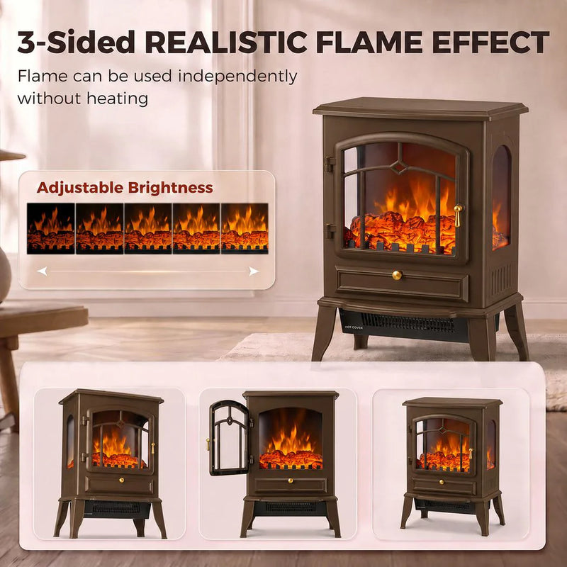 HOMCOM Electric Fireplace Stove, 1000/2000W 3-Sided Freestanding Fireplace Heater with 3D Flame Log, Thermostat, Brown