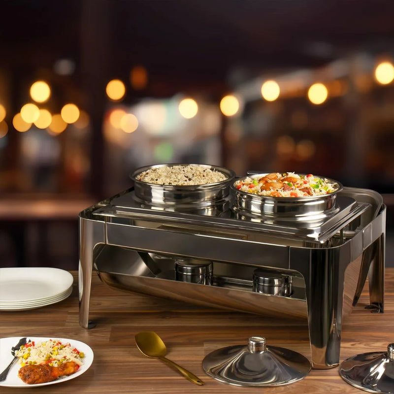 Sq Professional Banquet Chafing Dish With Roll Top And 2 Soup Stew Pots Oblong Silver.5L
