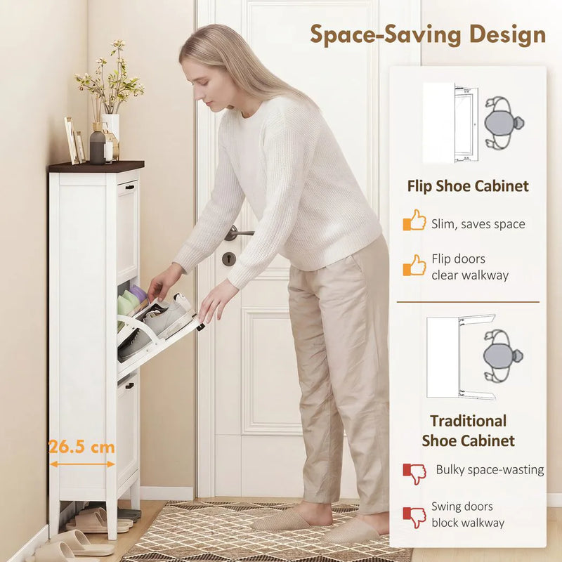 HOMCOM Shoe Cabinet with 3 Flip Drawers, Farmhouse Narrow Shoe Storage Cabinet with Adjustable Shelves, White