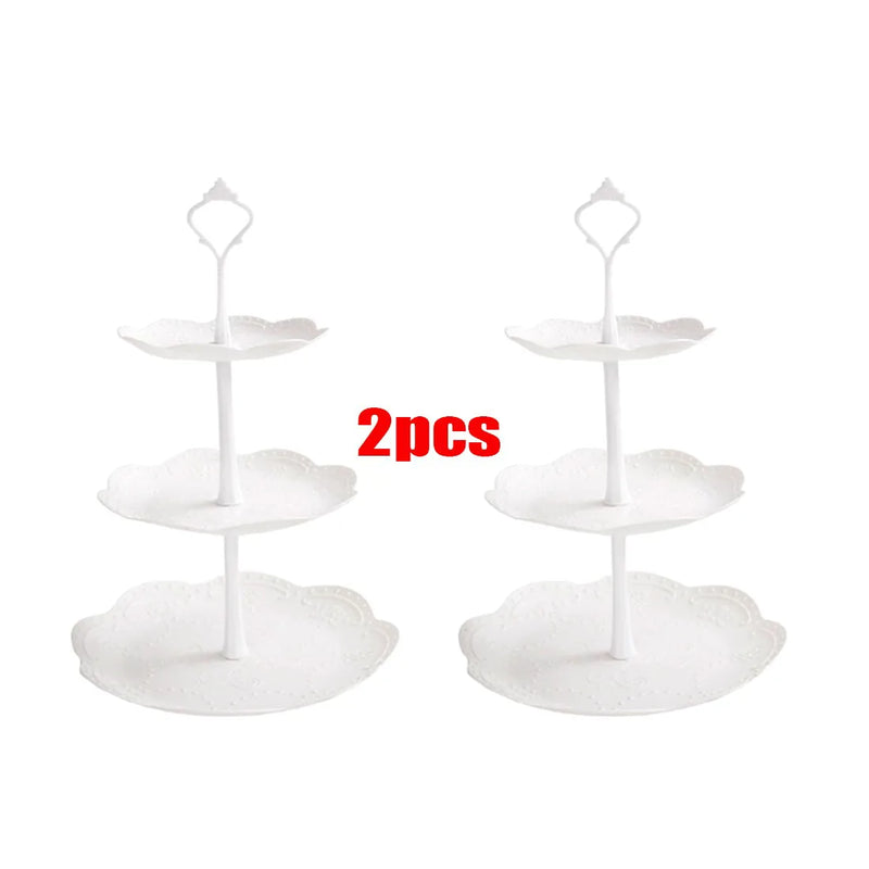 2PCS 3 Tier Cake Stand Afternoon Tea Wedding Plates Party Embossed Tableware-Cherry blossom