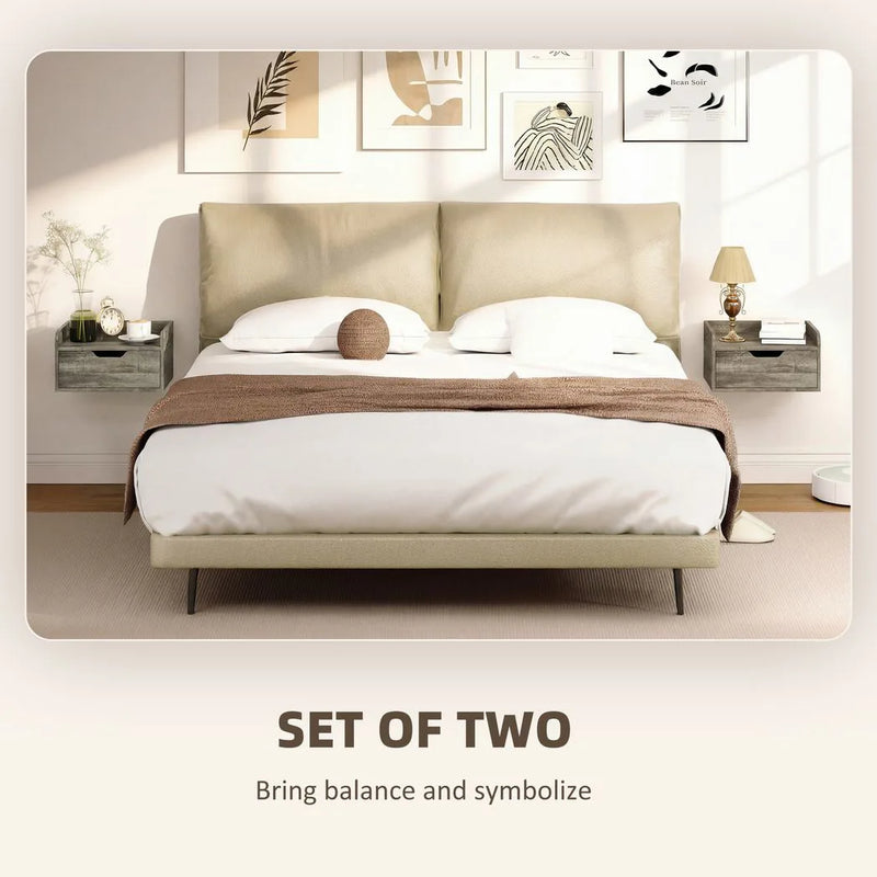 HOMCOM Floating Nightstands Set of 2, Wall Mounted Bedside Table with Drawer for Bedroom, Grey Wood Effect