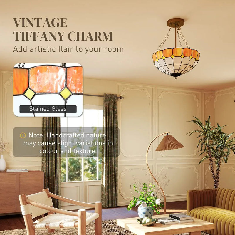 HOMCOM Tiffany Style Ceiling Light, Vintage Chandelier with 3 E27 Sockets, Semi Flush Mount for Living Room, Bulbs Not Included