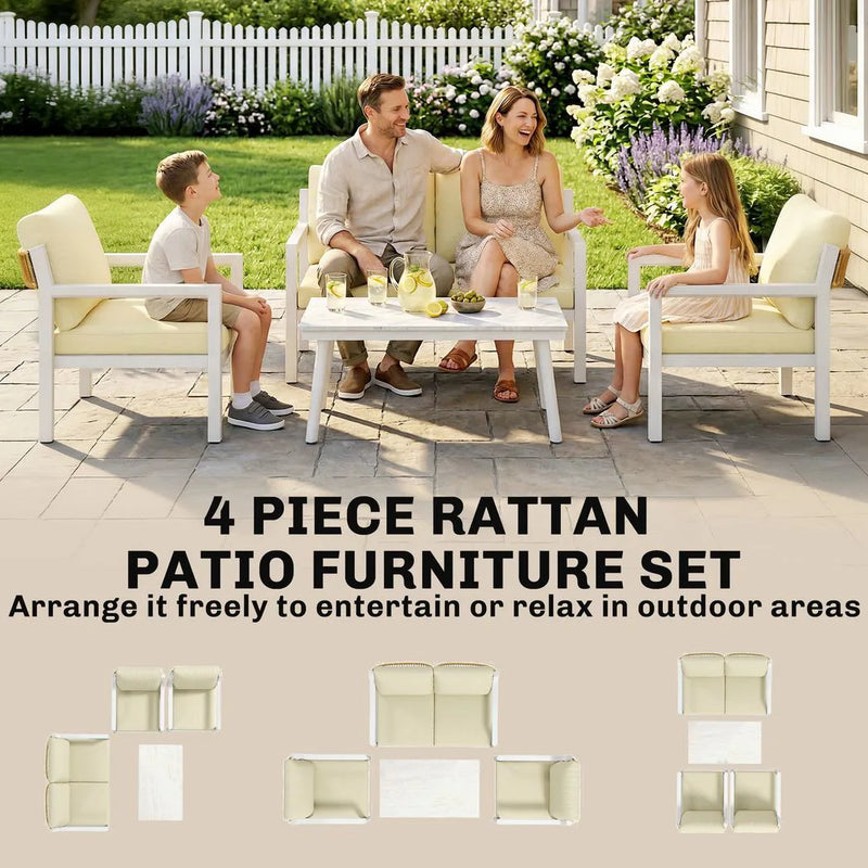 Outsunny 4 Seater Rattan Garden Furniture Set with 2 Armchairs, Loveseat, Coffee Table, Garden Sofa Set with Cushions, Beige
