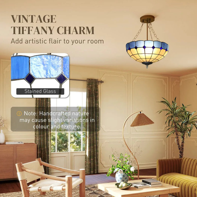 HOMCOM Tiffany Style Ceiling Light, Vintage Chandelier with 3 E27 Sockets, Semi Flush Mount for Living Room, Bulbs Not Included