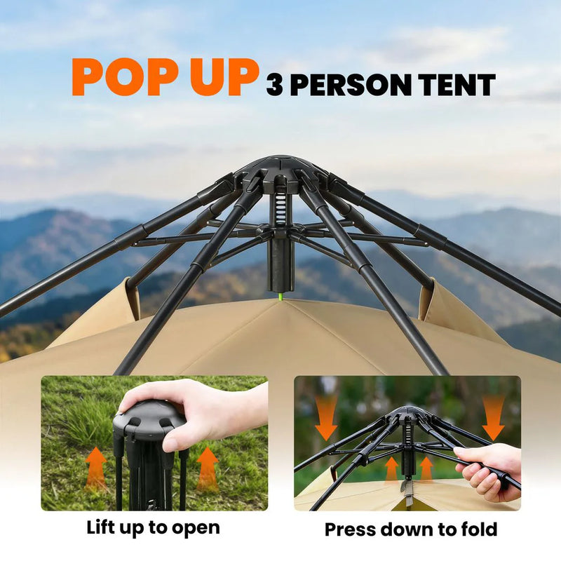 Outsunny 3 Man Instant Pop Up Tent with Rainfly, Portable Camping Shelter with Sewn-in Groundsheet, Carry Bag, Brown