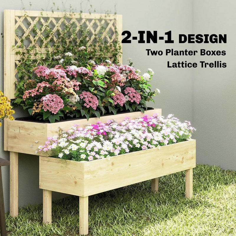 Outsunny Raised Garden Bed 2-Tier Stepped Design Planter Box with Trellis for Climbing Plants 108x62x120 cm