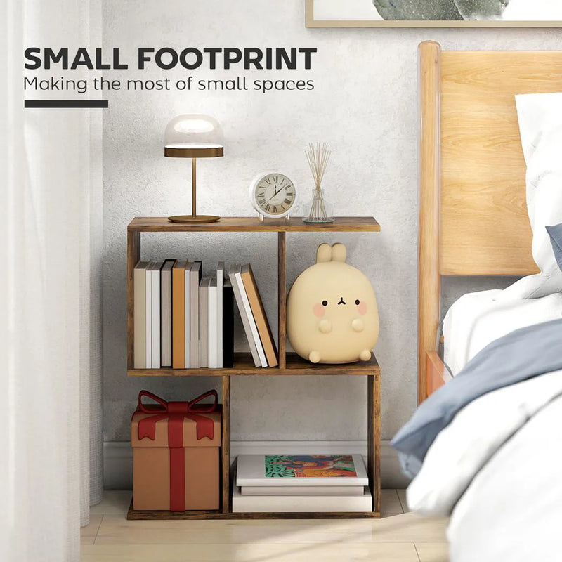 HOMCOM Side Table, Narrow End Table with Storage Shelves, S-Shaped, 3-Tier, 50W x 19.5D x 58H cm, Rustic Brown