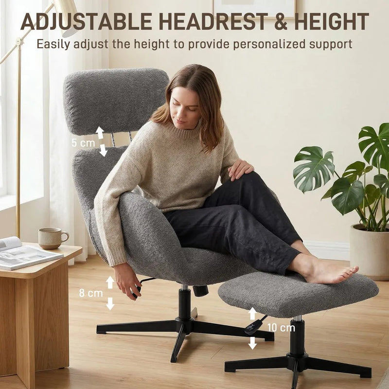 HOMCOM Swivel Armchair and Footstool Set, Height Adjustable Accent Chair with Adjustable Headrest, Rocking Function, Grey
