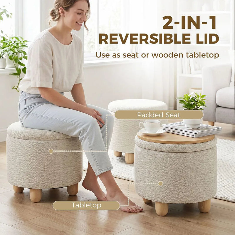 HOMCOM Storage Sitting Bench with Lid, Round Storage Ottoman with Rubberwood Legs, Beige