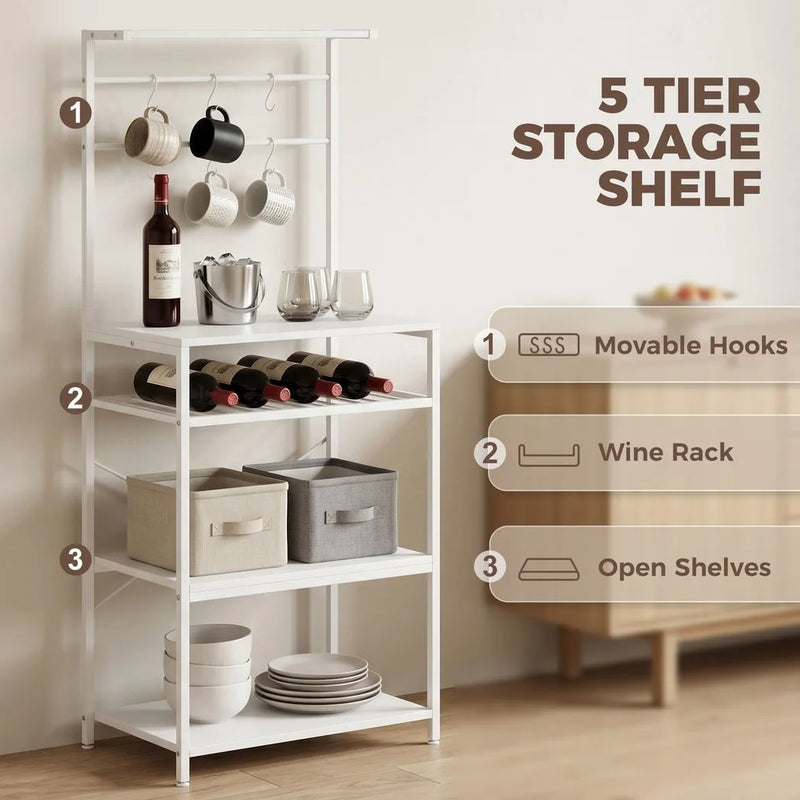 HOMCOM Freestanding Shelving Unit, Industrial Storage Shelf with 6 Hooks and Wine Rack for Living Room, Home Office, White