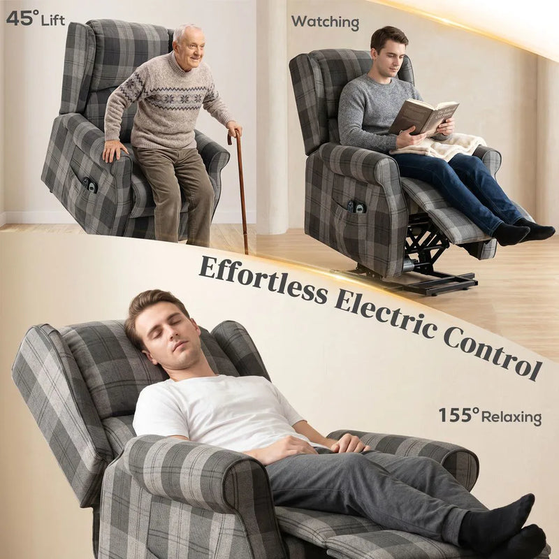 HOMCOM Power Lift Recliner Chair with Vibration Massage, Heat, Checked Lift Chair with Remote, Side Pockets, Grey