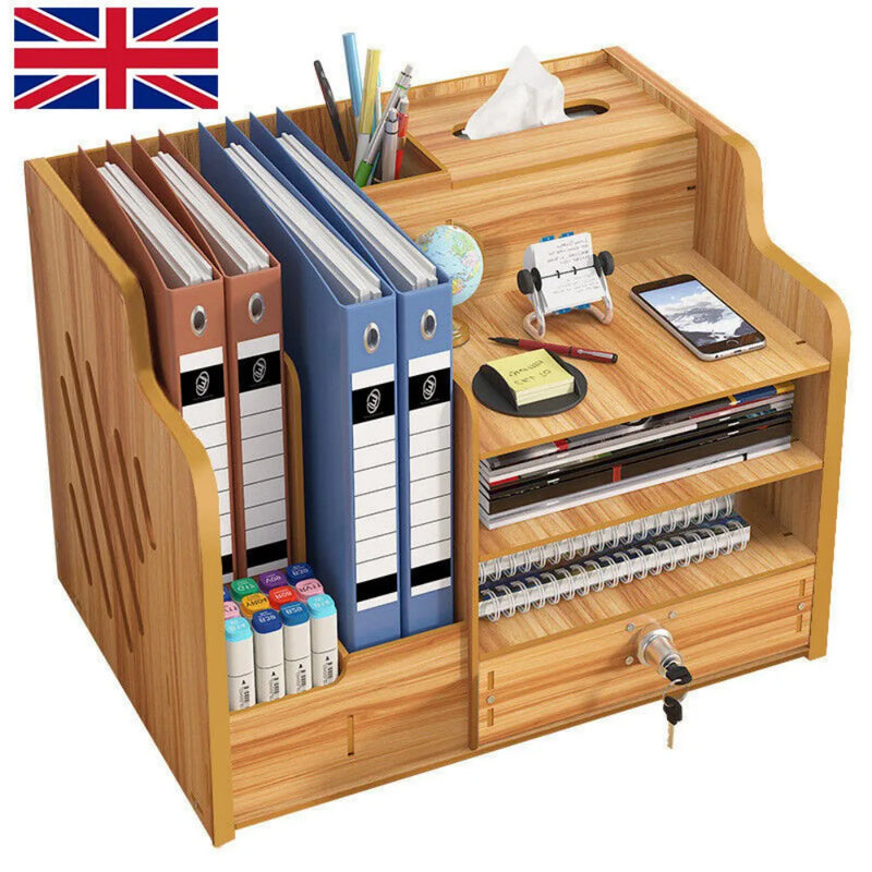 Wooden Office Desk Organizer Stationary Storage Home Tidy Storage Tabletop Stand