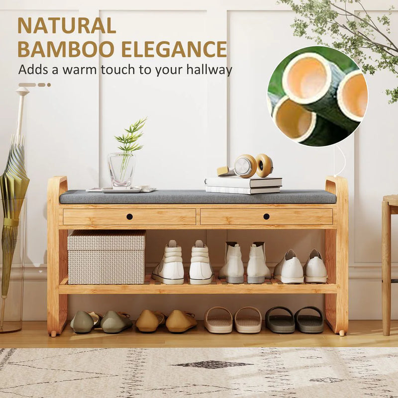 HOMCOM Shoe Bench with 2 Drawers Cushioned Seat Shoe Storage Bench for Hallway 105 cm Natural and Grey