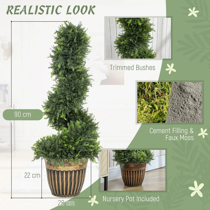 HOMCOM Set of 2 Artificial Plants, Topiary Spiral Boxwood Cypress Trees with Pot, for Home Indoor Outdoor Decor, 90cm
