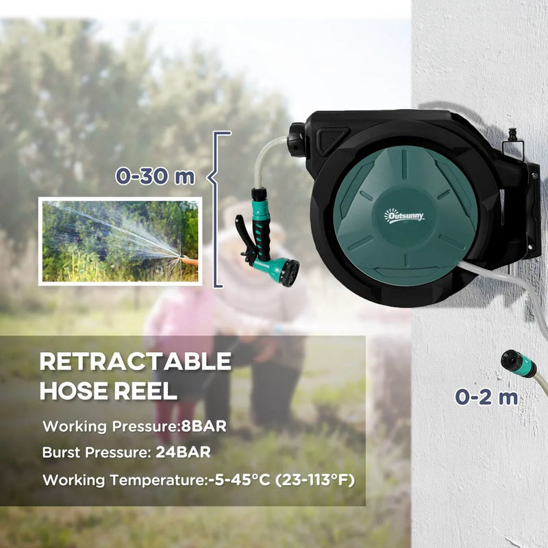 Outsunny Retractable Hose Reel Wall Mounted, 30 Garden Hose Pipe Reel with Lock, Auto Rewind, 7 in 1 Spray Nozzle, Includes Wall Fixings, 180° Swivel, Outdoor Watering, 59 x 23 x 42 cm, Green
