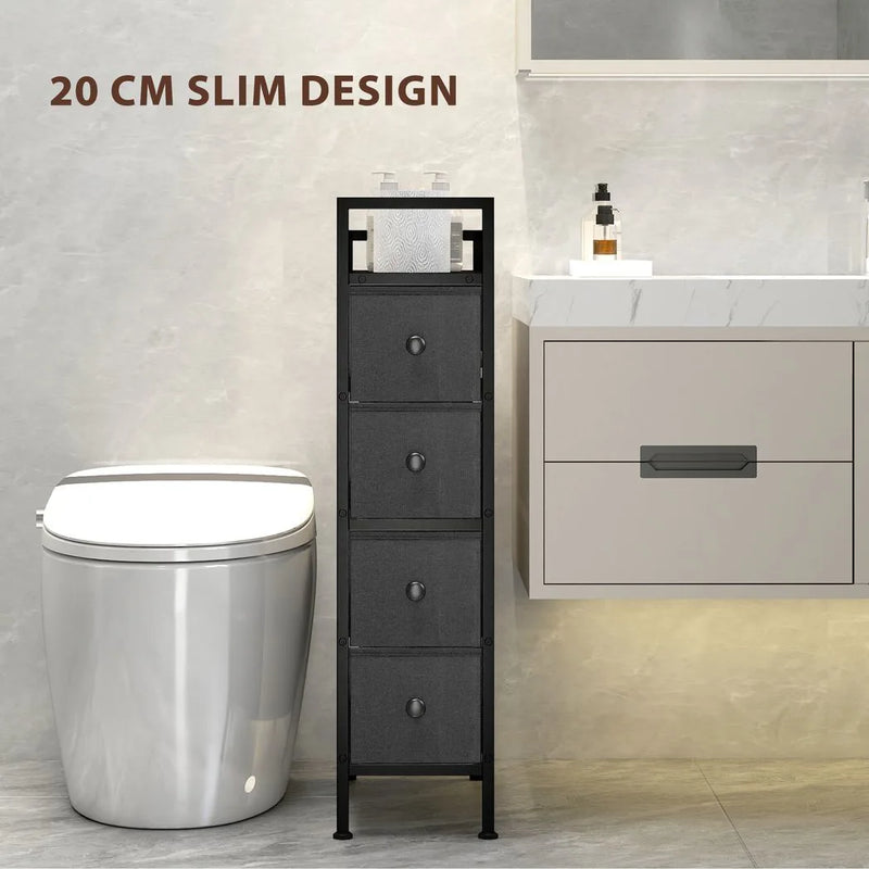 HOMCOM 4 Drawer Fabric Dresser Chest of Drawers, Slim Storage Cabinet with Steel Frame for Small Spaces, Bedroom, Black