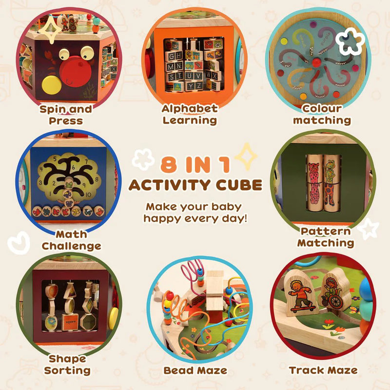 AIYAPLAY 8 in 1 Wooden Activity Cube with Bead Maze, Shape Sorter, for Kids Boys Girls 18 Months