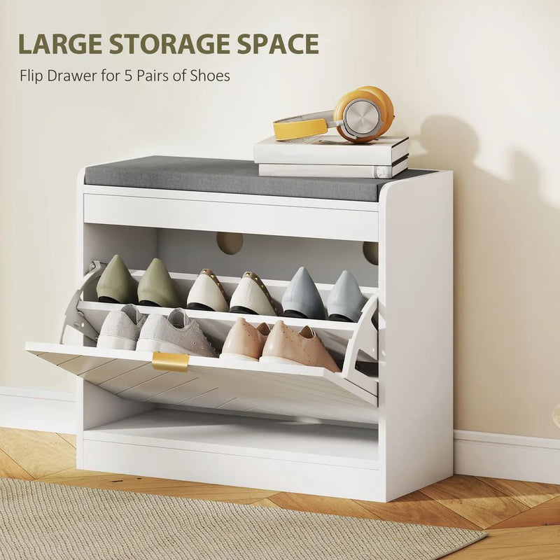 HOMCOM Shoe Storage with Seat, Upholstered Entryway Bench, Shoe Bench with 1 Flip Drawer and 4 Vents for 5 Pairs of Shoes
