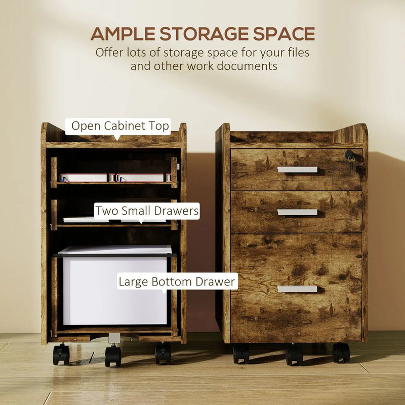HOMCOM 3 Drawer Filing Cabinet with Lock, Rolling File Cabinet with Edged Top for Letter, A4 Size, Hanging File Folders