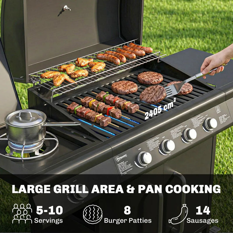 Outsunny 4 Burner Gas BBQ Grill with Storage Cabinet, 15.2 kW Gas Barbecue Trolley with Side Table, 4 Wheels, Warming Rack