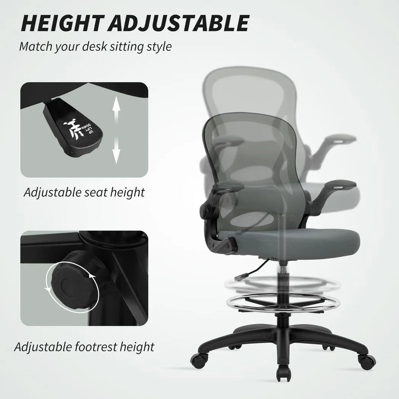 Vinsetto Drafting Chair, Ergonomic Tall Office Chair with Flip-up Armrests, Mesh Back, Lumbar Support, Adjustable Height and Foot Ring, Swivel Wheels, for Standing Desk, Charcoal Grey