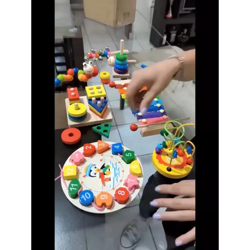 9 in 1 Wooden Toys Rattle Bell Drum Column Set Musical Instruments Sensory Music