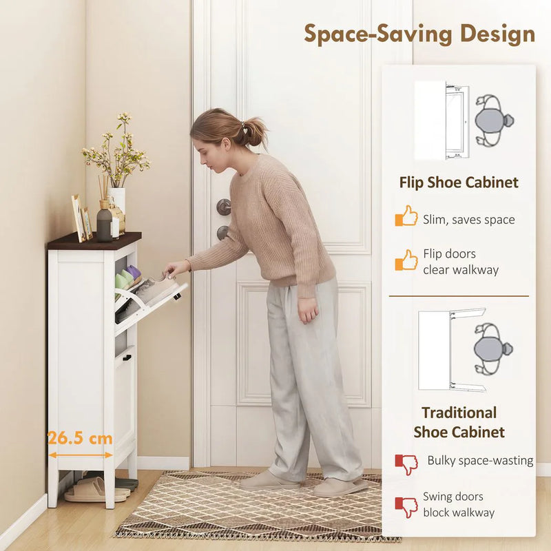 HOMCOM Shoe Cabinet with 2 Flip Drawers, Farmhouse Narrow Shoe Storage Cabinet with Adjustable Shelves, White