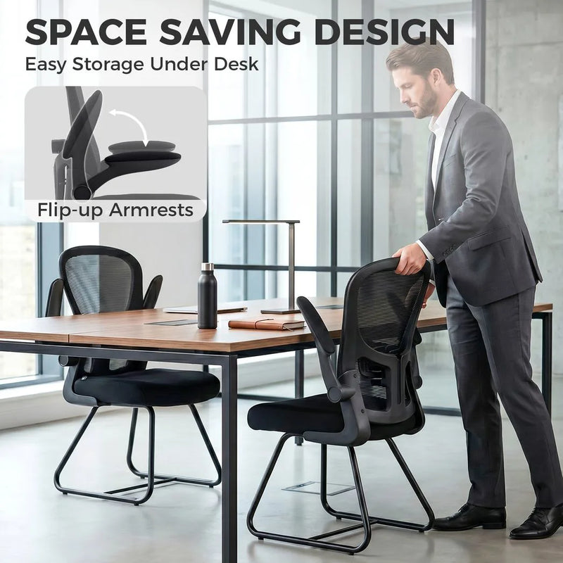 HOMCOM Reception Chair, Conference Meeting Office Chair with Flip-up Armrest, Mesh Backrest, Lumbar Support and Metal Base