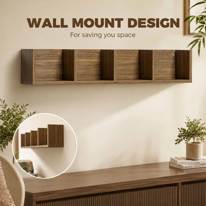 HOMCOM Wall Mount 84 CD / 56 DVD/Blu-ray/ Media Storage Rack 4 Cubes Wooden Shelf Organizer Unit Bookcase Display, Walnut