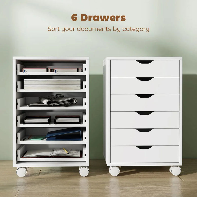 HOMCOM 6 Drawer Vertical File Cabinet, Mobile Filing Cabinet with Quiet Drawers and Wheels with 2 Brakes, White