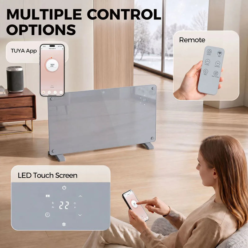 HOMCOM 2000W Smart Panel Heater Wall Mounted & Freestanding, Electric Heater with Weekly Timer, Open Window & Anti-Frost, Grey